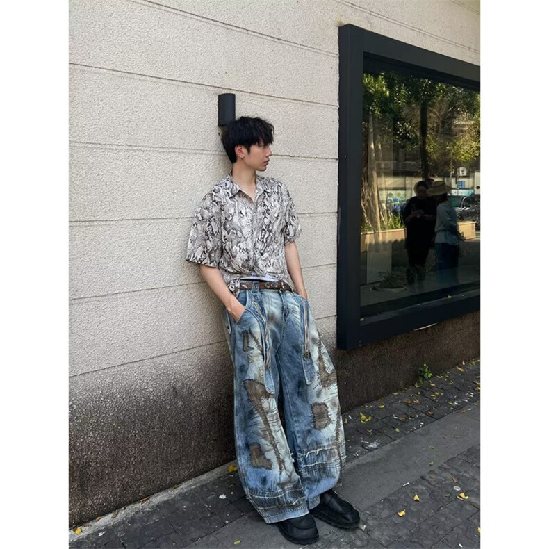 男女美式污渍乱针弯刀牛仔裤2025阔腿牛仔宽松镰刀裤RK3141-P92,男装牛仔裤,星座412-1