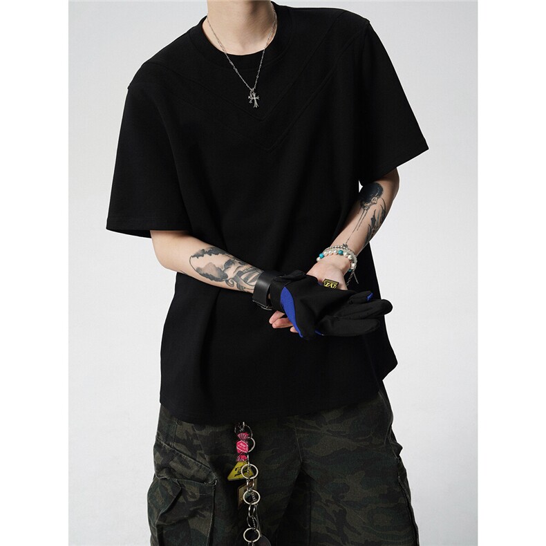 夏季2025新款美式解构拼接短袖正肩T恤xz906-Y139特P25控48,男装T恤,星座906（原电商a316-1）