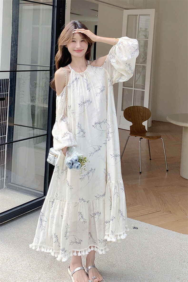 设计感露肩印花挂脖连衣裙女2025新款夏季时尚气质清冷感流苏长裙,女装连衣裙,诺蝶