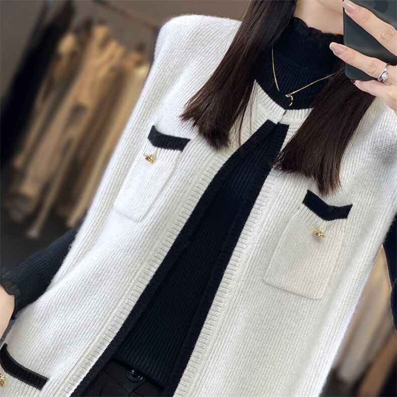 百搭小香风V领毛衣开衫马甲女春秋新款宽松显瘦无袖针织背心外套,女装马甲,宋氏羊绒