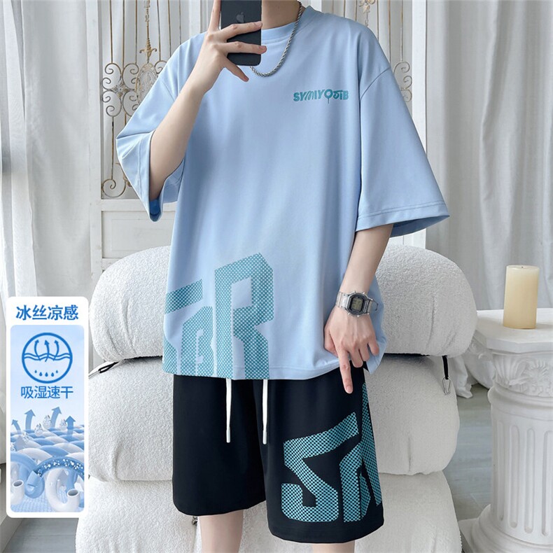 2025夏季新款旋律风车大码冰丝印花短袖套装M-5XHQ25561-P60，男装休闲套装，电商A022