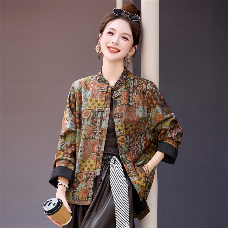 新中式复古印花盘扣外套女2025秋季新款洋气显瘦减龄百搭立领上衣,女装短外套,众宇琦