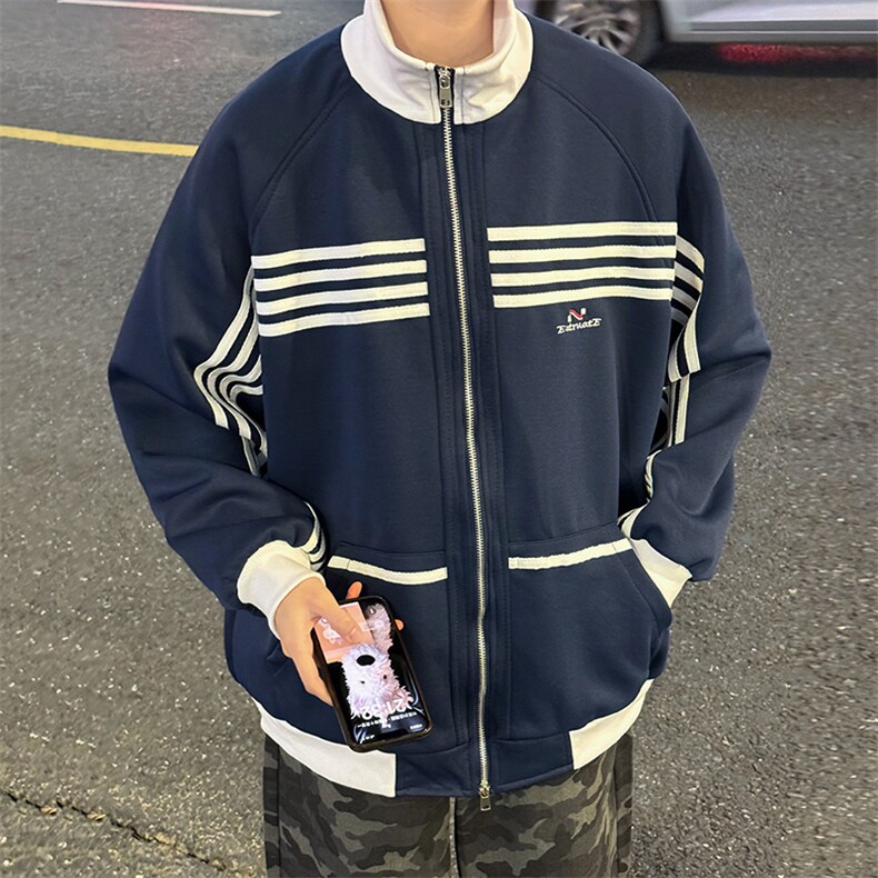 秋冬季复古条纹撞色夹克外套潮牌小众设计宽松休闲上衣,男装夹克,星座410-6（原星座1304-1）