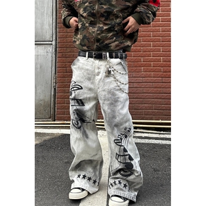 美式街头水洗做脏牛仔裤男女宽松潮流星星元素百搭长裤 KN67图片