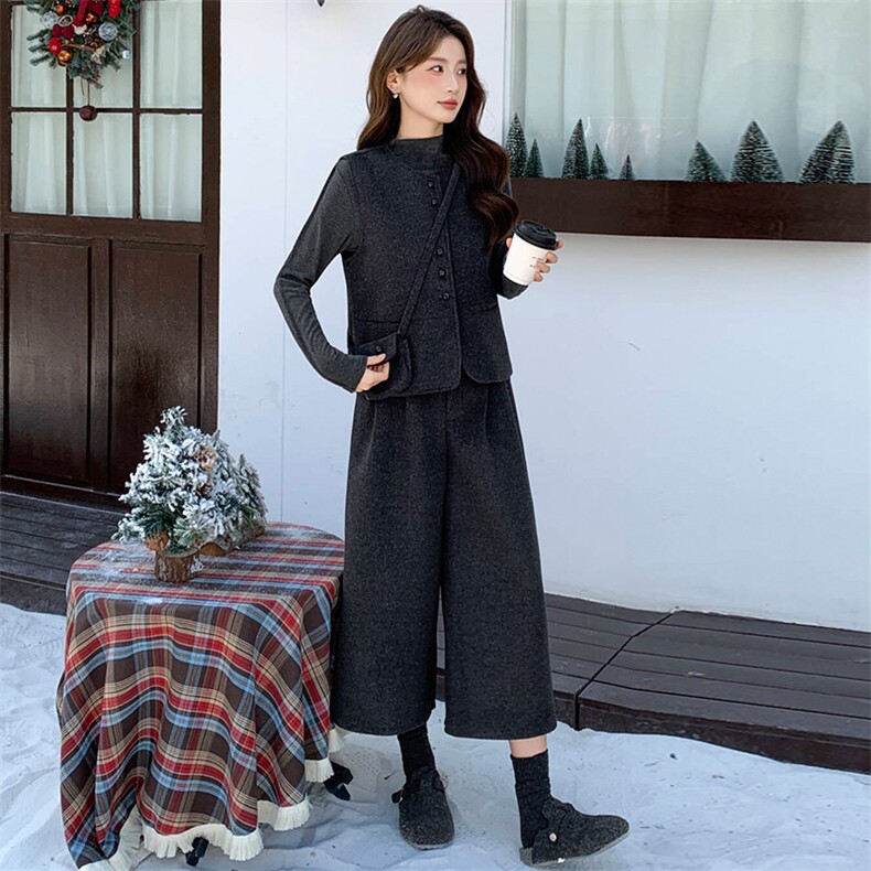 2026年春季法式时尚潮流舒适洋气带高级感磨毛呢马甲三件套裤，女装套装/套裙，超帛