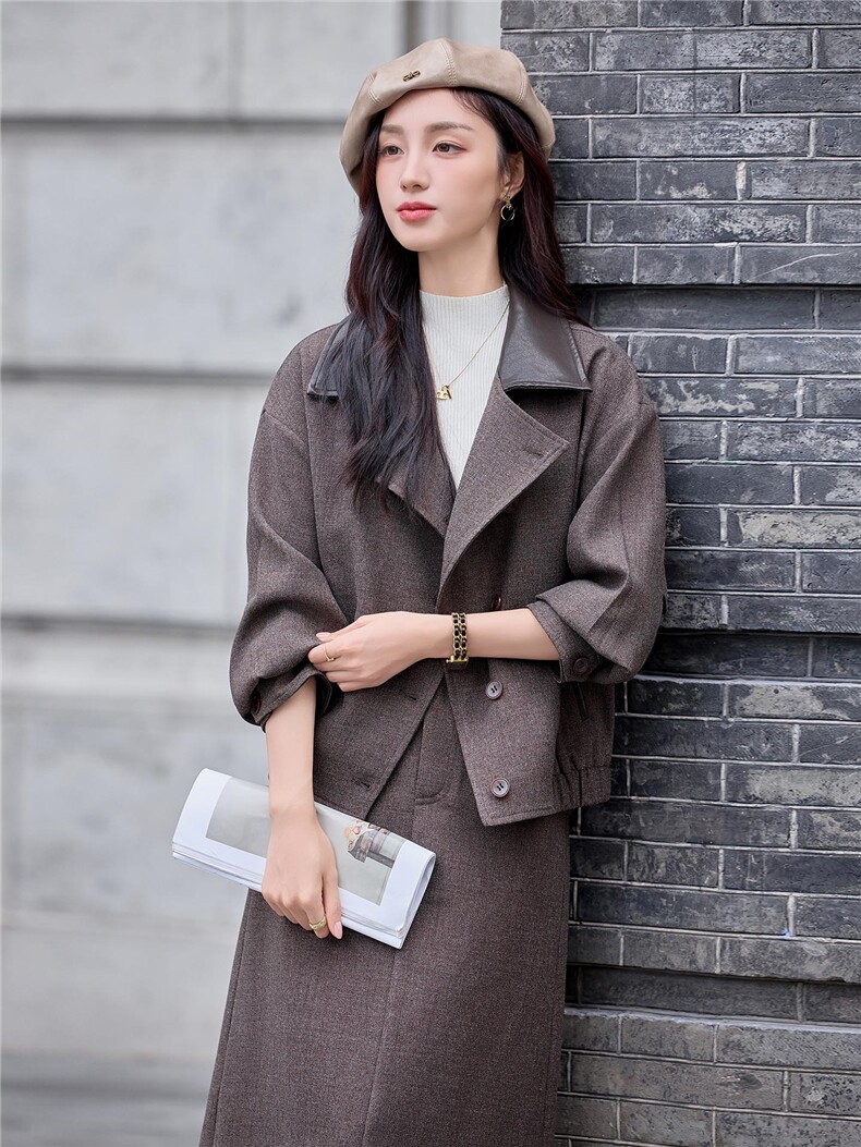 今年流行毛呢气质套装女2025深秋初冬新款翻领短外套半身裙一整套,女装套装/套裙,靓衣阁