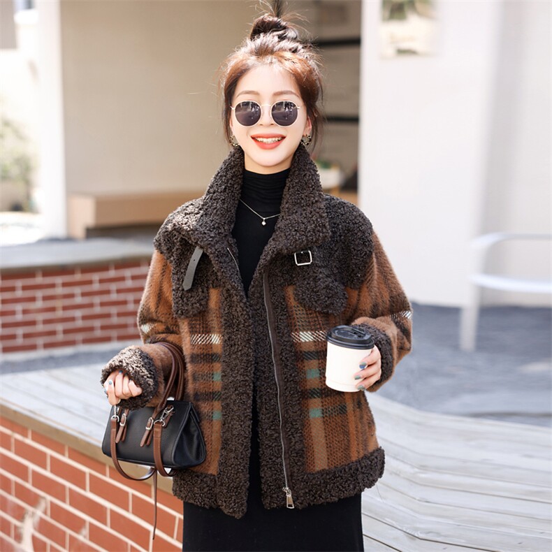 羊羔绒皮毛一体外套女冬2025新款百搭格子加厚今年流行棉衣女大衣,女装棉衣/棉服,意芙