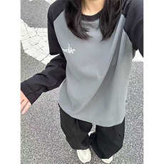 高品春秋撞色插肩拼接华夫格T恤男女休闲圆领宽松上衣A1290-P55，男装T恤，星座1505