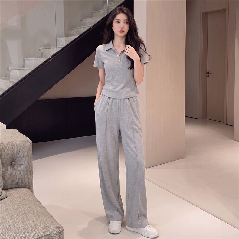 韩版时尚休闲运动套装女夏季新款显瘦气质翻领短袖卫衣长裤两件套,女装套装/套裙,江南