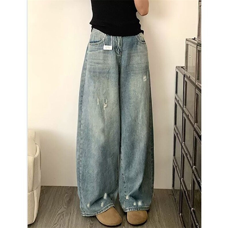 复古ins风高腰阔腿牛仔裤女春秋季新款设计感水洗宽松直筒牛仔裤图片