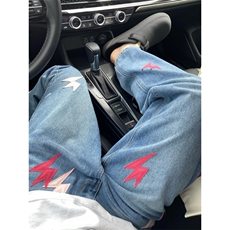 【有货】闪电贴布蓝色牛仔裤男美式vibe风裤子高街N0085LL-P55，男装牛仔裤，星座1007（原301D）