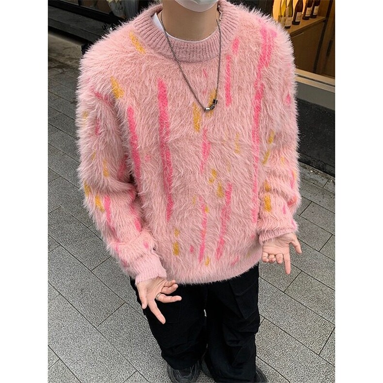 条纹圆领毛衣男秋冬季宽松慵懒风针织衫潮牌马海毛外套1120P63，男装针织衫/毛衣，星座410-2