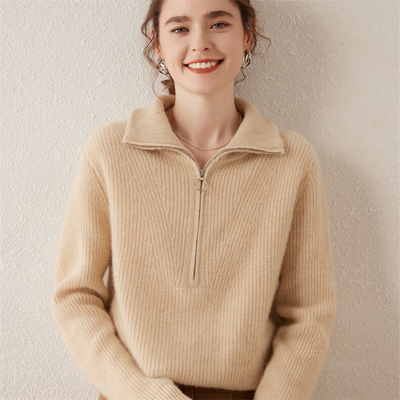 秋冬款羊毛衫女翻领半开拉链加厚羊绒衫宽松针织长袖套头毛衣，女装羊绒衫，轩妮羊绒