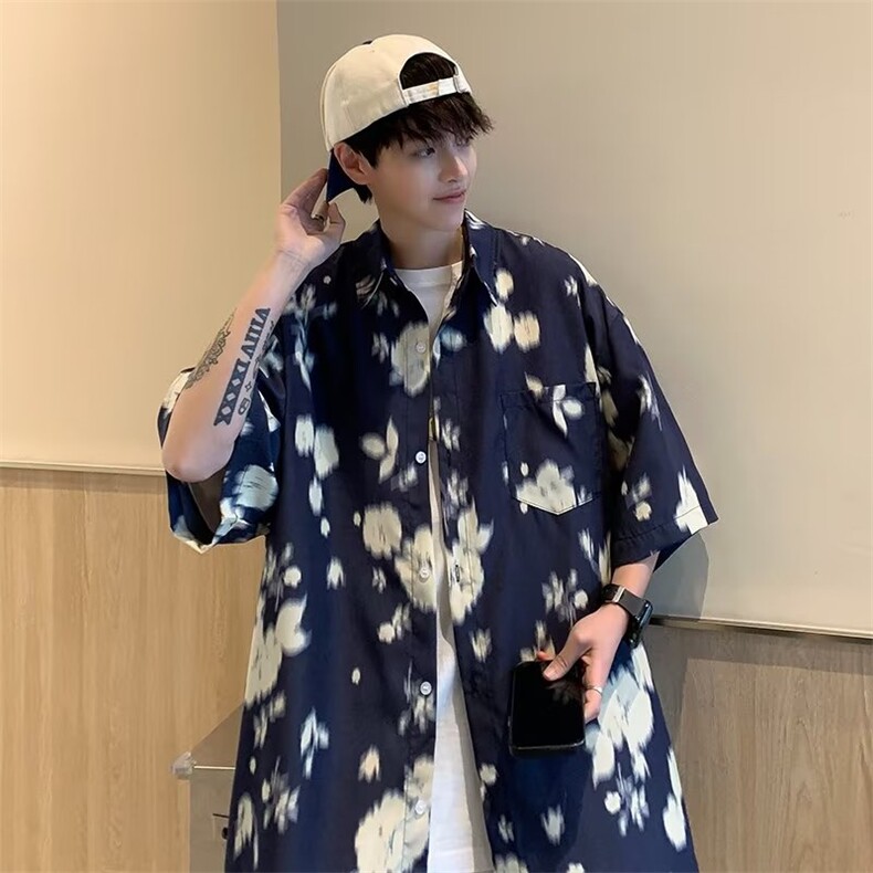 古着vintage巴洛克衬衫男短袖美式复古夏威夷度假情侣花衬衣C8233,男装衬衫,星座601-2