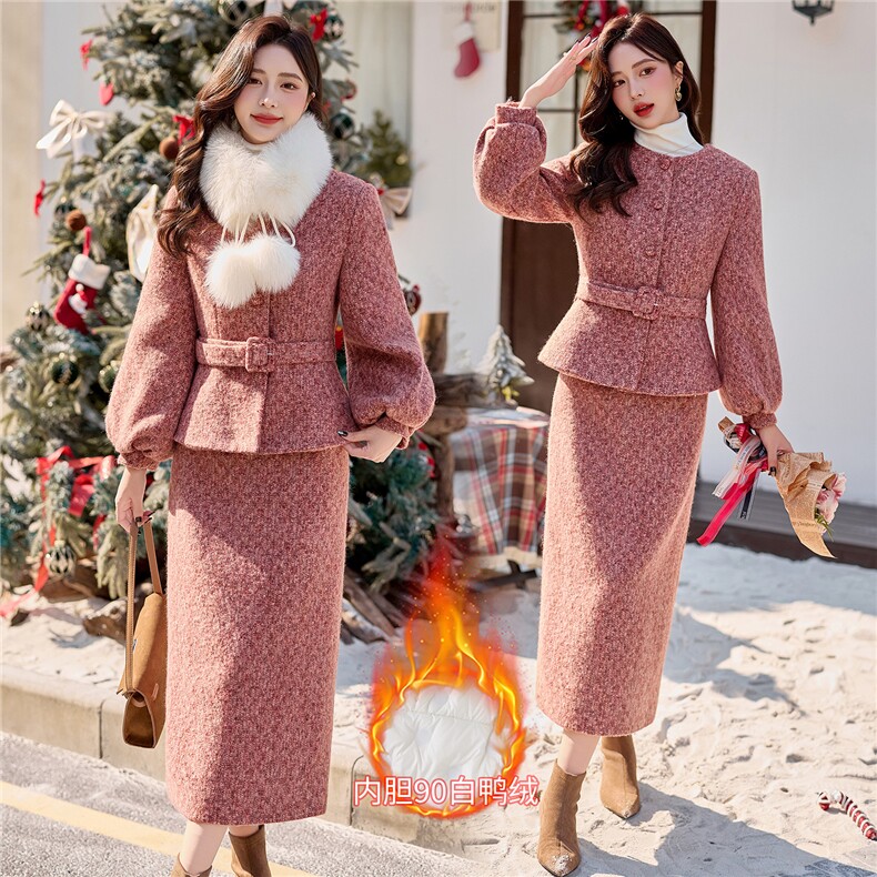 bao款现货2025新款冬装真狐狸毛质感新羊毛套装羽绒服90绒有腰带，女装套装/套裙，小九月