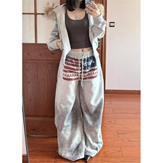 美式街头灰色字母印花拖地长裤女2025早秋新款辣妹低腰显瘦阔腿裤，男装休闲裤，星座1210-1