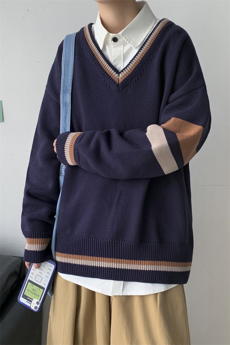 秋冬新款港风撞色V领毛衣男女同款情侣日系套头针织衫W08/P65,男装针织衫/毛衣,钱塘713