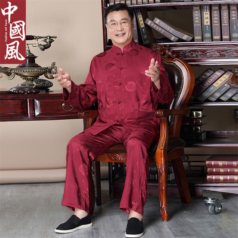 中老年唐装男春秋仿长袖套装风爷爷中式生日过寿婚礼衣服，男装中老年男装，钱塘723
