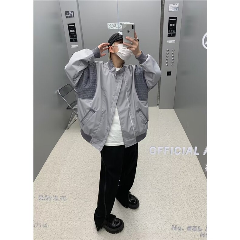 潮牌飞行员夹克男美式潮流针织拼接外套秋冬季宽松痞帅高街棒球服图片