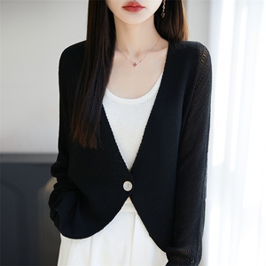V领一粒扣亚麻镂空针织开衫防晒衣女天丝长袖披肩空调服宽松薄款图片