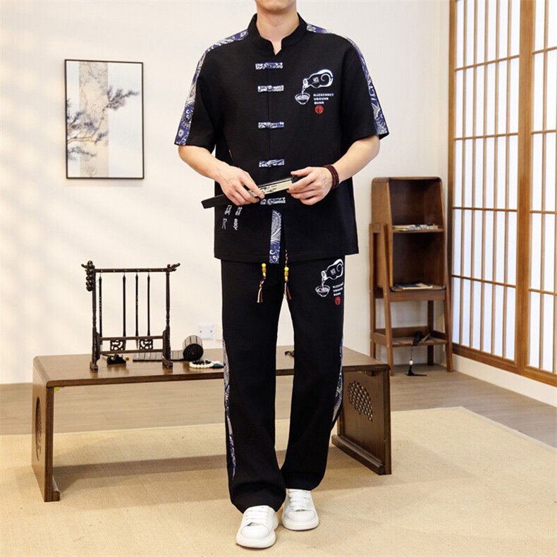 潮风套装男新中式短袖衬衫时尚休闲长裤两件套JZ305-P63,男装T恤,星座310B-3