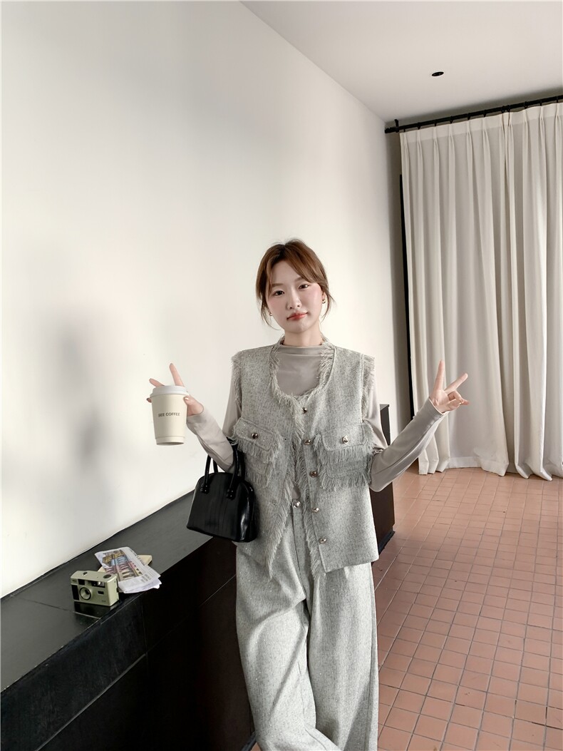 小香风流苏马甲阔腿裤套装女春秋法式气质优雅三件套,女装套装/套裙,2C269
