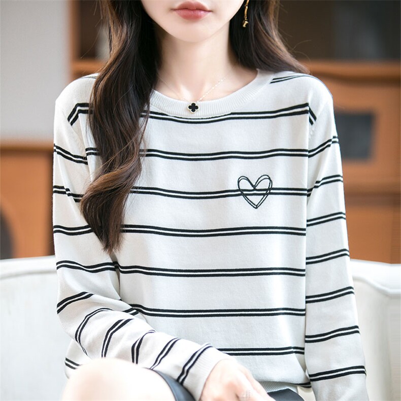 爱心刺绣条纹针织衫上衣长袖2025新款时尚休闲毛衣撞色内搭打底衫，女装针织衫/毛衣，萱芳婷羊绒