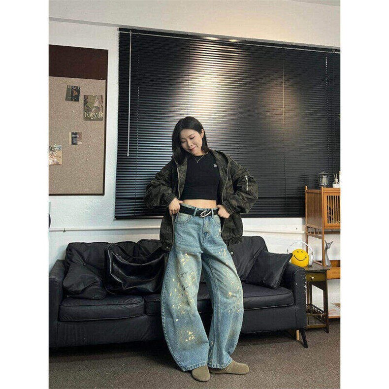 美式高街泼墨漆点设计感弯刀牛仔裤男女宽松阔腿长裤LN60322-P56,男装牛仔裤,星座1008