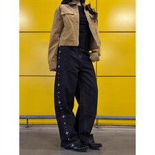 美式复古水洗钉珠直筒牛仔裤男女同款宽松直筒阔腿百搭长裤，男装牛仔裤，星座516A