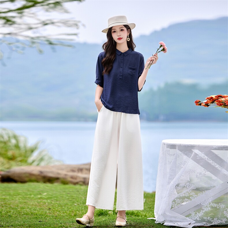 时尚洋气优雅套装女2026夏季新款复古气质衬衫宽松阔腿裤两件套,女装套装/套裙,魅影