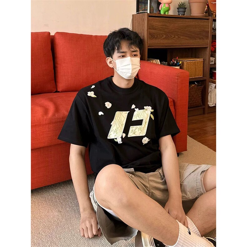 网图有货花伴竹纯棉刺绣短袖T恤男女情侣宽松花卉上衣A469-P35，男装T恤，星座1505