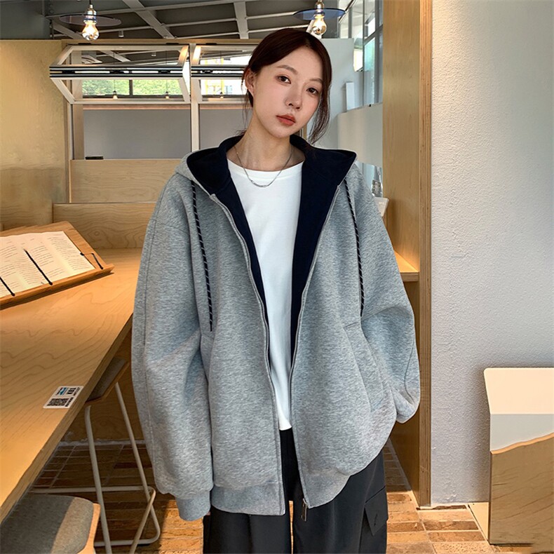 抖音得物二开美式高街重磅结构双层撞色连帽卫衣开衫外套W116，女装短外套，电商A486-1