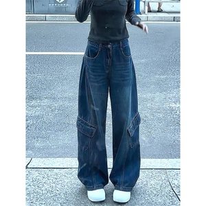 1506-1/GL10110/P62弯刀阔腿工装牛仔裤女秋季新款大码图片