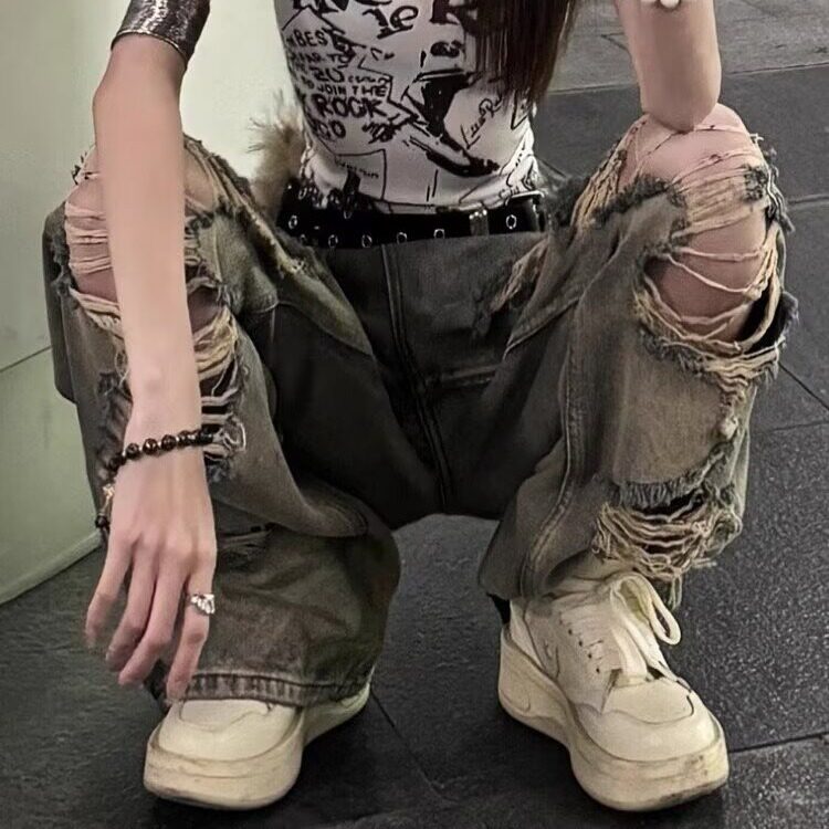 新款美式复古夏季辣妹个性痞帅酷破洞牛仔裤直筒宽松拖地裤,男装牛仔裤,星座506A