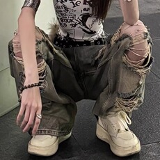 新款美式复古夏季辣妹个性痞帅酷破洞牛仔裤直筒宽松拖地裤，男装牛仔裤，星座506A
