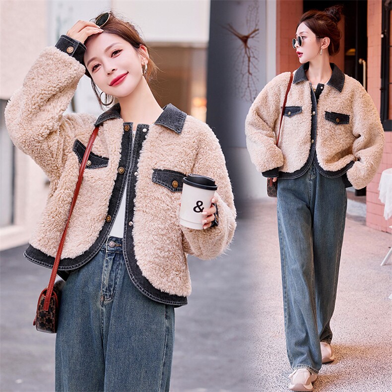 牛仔拼接粉色羊羔毛外套女冬季2025新款小个子独特超好看显瘦棉服，女装羊羔毛/颗粒绒，慧尚依恋
