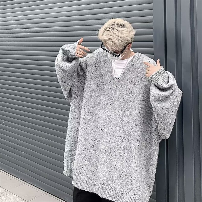 YC9686-P60慵懒风V领特宽松秋季松弛感cleanfit情侣装针织衫外套,男装针织衫/毛衣,电商C233