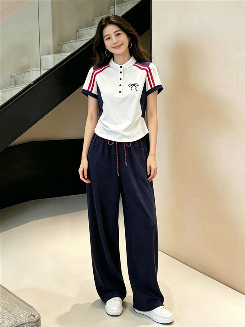 设计款时尚休闲套装女夏款简约百搭条纹拼接短袖上衣阔腿裤两件套,女装套装/套裙,江南