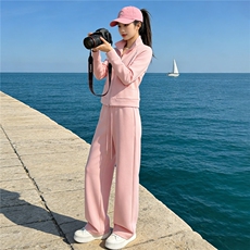 女春秋高级感穿搭一整套减龄时尚套装立领开衫外套阔腿卫裤两件套，女装套装/套裙，2C310