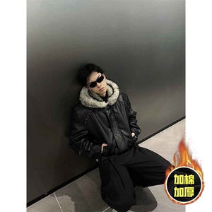 现货冬季美式潮牌痞帅PU皮机车服棉衣毛毛绒狼王座山雕皮棉服图片