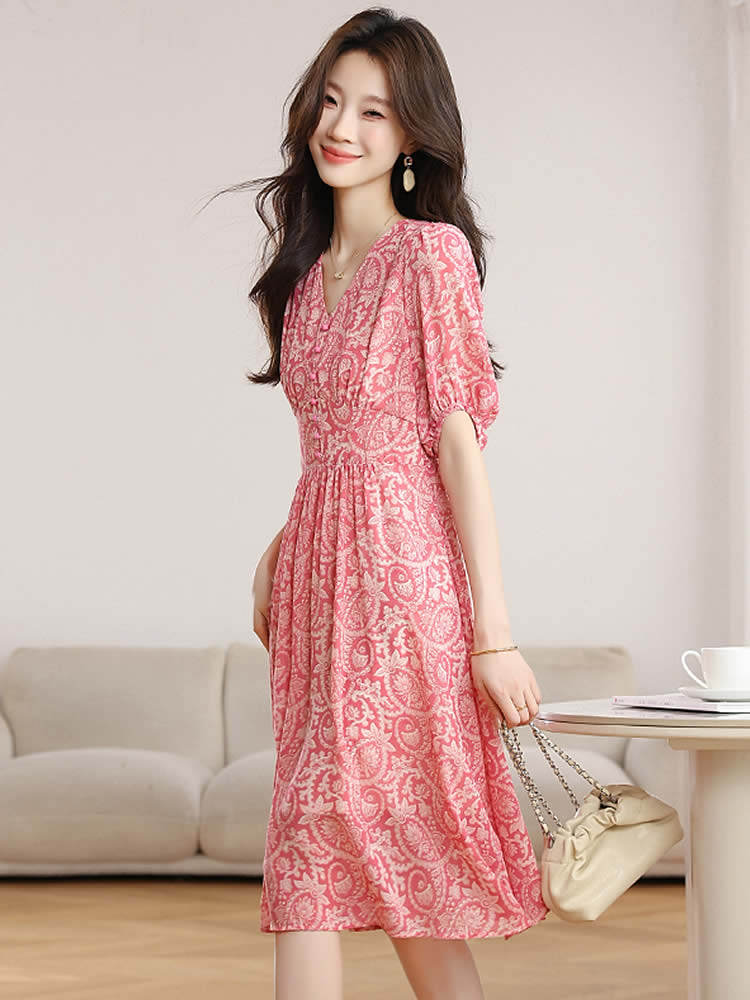 现货V领泡泡袖碎花连衣裙女修身A字裙时尚气质裙,女装连衣裙,韩蔻秀