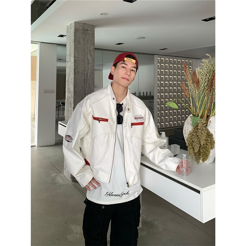 美式短款赛车服pu皮刺绣外套HH100 P65图片