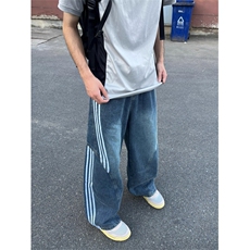 大码复古辣妹条纹牛仔裤设计感宽松显瘦弯刀休闲阔腿裤NZG206，男装牛仔裤，星座516A