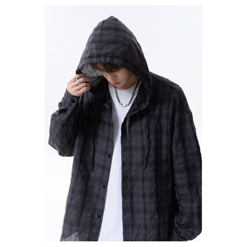 日系连帽格子衬衫男女夏薄款长袖衬衣宽松防晒衫外套7711-P49官图,男装防晒衣,电商B245