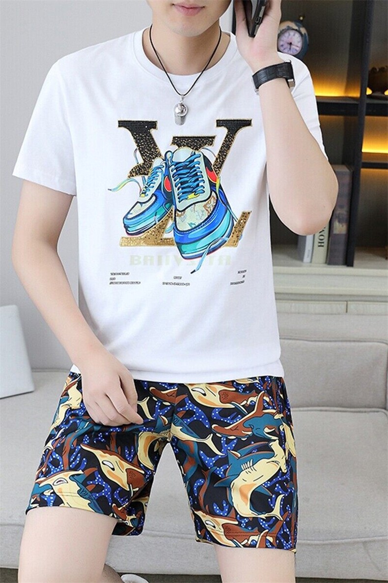 24343-P65夏季休闲T恤短裤男两件套欧货潮牌修身圆领短袖T恤套装,男装休闲套装,电商D310B-1
