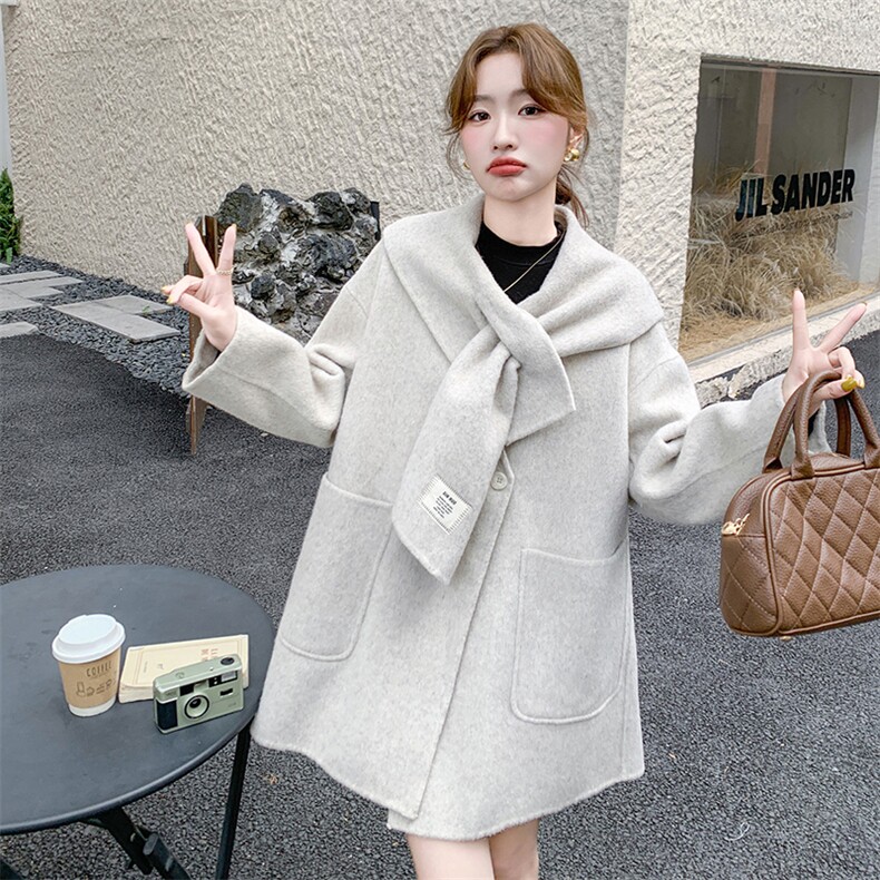 米白色披肩双面呢羊毛大衣女秋冬2025新款学院风减龄小个子外套，女装毛呢外套，千寻
