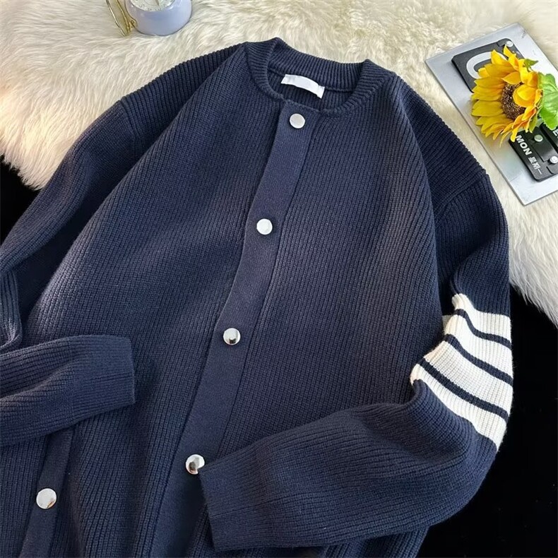 网图有货蓝色条纹开衫慵懒风灰色针织衫宽松外套男A143-P58，男装针织衫/毛衣，星座1505