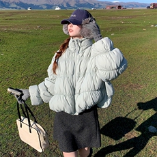 baby蓝短款羽绒服女冬季加厚加绒新款小个子重工抽褶白鸭绒外套，女装羽绒服，2C120