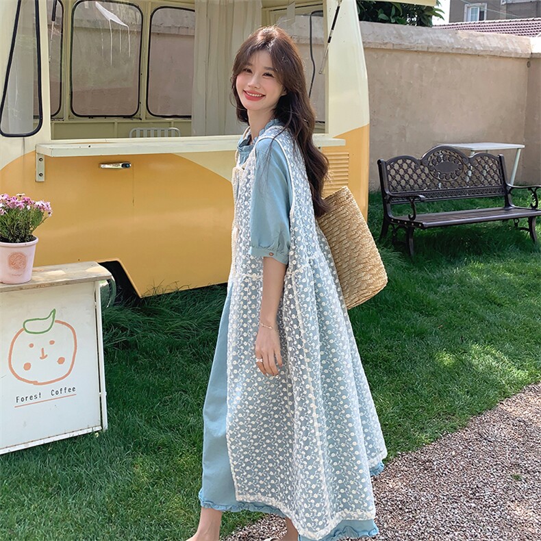 镂空蕾丝罩衫连衣裙套装女2025夏季新款法式温柔风盐系穿搭两件套,女装套装/套裙,2C201