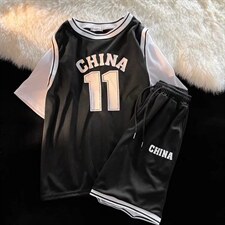 夏季篮球服套装男假两件宽松运动短袖t恤假两件班服宽松TZ122-p36，男装休闲套装，星座1008-1